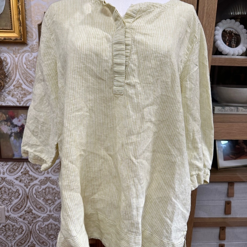 J Jill Women’s 100% Linen Butter Yellow Striped Shirt size Large